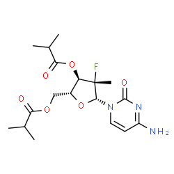 ChemSpider 2D Image | 4-Amino-1-(2-deoxy-2-fluoro-3,5-di-O-isobutyryl-2-methyl-beta-D-arabinofuranosyl)-2(1H)-pyrimidinone | C18H26FN3O6
