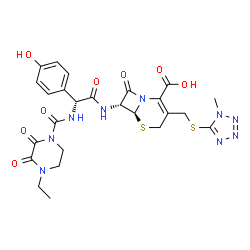 ChemSpider 2D Image | (6S,7R)-7-{[(2R)-2-{[(4-Ethyl-2,3-dioxo-1-piperazinyl)carbonyl]amino}-2-(4-hydroxyphenyl)acetyl]amino}-3-{[(1-methyl-1H-tetrazol-5-yl)sulfanyl]methyl}-8-oxo-5-thia-1-azabicyclo[4.2.0]oct-2-ene-2-carbo
xylic acid | C25H27N9O8S2
