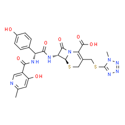 ChemSpider 2D Image | (6S,7R)-7-{[(2R)-2-{[(4-Hydroxy-6-methyl-3-pyridinyl)carbonyl]amino}-2-(4-hydroxyphenyl)acetyl]amino}-3-{[(1-methyl-1H-tetrazol-5-yl)sulfanyl]methyl}-8-oxo-5-thia-1-azabicyclo[4.2.0]oct-2-ene-2-carbox
ylic acid | C25H24N8O7S2