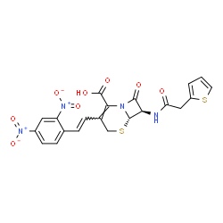 ChemSpider 2D Image | (6S,7R)-3-[(E)-2-(2,4-Dinitrophenyl)vinyl]-8-oxo-7-[(2-thienylacetyl)amino]-5-thia-1-azabicyclo[4.2.0]oct-2-ene-2-carboxylic acid | C21H16N4O8S2