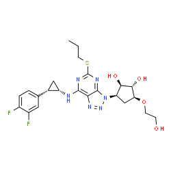 ChemSpider 2D Image | (1S,2R,3R,5S)-3-[7-{[(1S,2S)-2-(3,4-Difluorophenyl)cyclopropyl]amino}-5-(propylsulfanyl)-3H-[1,2,3]triazolo[4,5-d]pyrimidin-3-yl]-5-(2-hydroxyethoxy)-1,2-cyclopentanediol | C23H28F2N6O4S