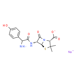 ChemSpider 2D Image | Sodium (2R,5S,6R)-6-{[amino(4-hydroxyphenyl)acetyl]amino}-3,3-dimethyl-7-oxo-4-thia-1-azabicyclo[3.2.0]heptane-2-carboxylate | C16H18N3NaO5S