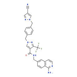 ChemSpider 2D Image | N-[(1-Amino-6-isoquinolinyl)methyl]-1-{4-[(4-cyano-1H-pyrazol-1-yl)methyl]benzyl}-3-(trifluoromethyl)-1H-pyrazole-4-carboxamide | C27H21F3N8O