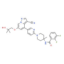 ChemSpider 2D Image | N-(1-{5-[3-Cyano-6-(2-hydroxy-2-methylpropoxy)pyrazolo[1,5-a]pyridin-4-yl]-2-pyridinyl}-4-methyl-4-piperidinyl)-2,3-difluorobenzamide | C30H30F2N6O3