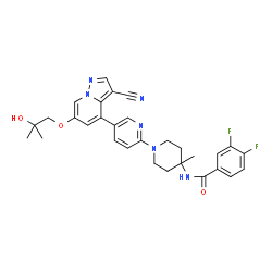 ChemSpider 2D Image | N-(1-{5-[3-Cyano-6-(2-hydroxy-2-methylpropoxy)pyrazolo[1,5-a]pyridin-4-yl]-2-pyridinyl}-4-methyl-4-piperidinyl)-3,4-difluorobenzamide | C30H30F2N6O3