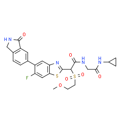 ChemSpider 2D Image | N-Cyclopropyl-N~2~-{[6-fluoro-5-(3-oxo-2,3-dihydro-1H-isoindol-5-yl)-1,3-benzothiazol-2-yl][(2-methoxyethyl)sulfonyl]acetyl}glycinamide | C25H25FN4O6S2