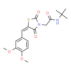 ChemSpider 2D Image | 2-[(5E)-5-(3,4-Dimethoxybenzylidene)-2,4-dioxo-1,3-thiazolidin-3-yl]-N-(2-methyl-2-propanyl)acetamide | C18H22N2O5S