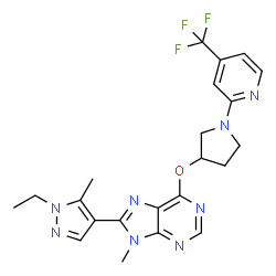 ChemSpider 2D Image | 8-(1-Ethyl-5-methyl-1H-pyrazol-4-yl)-9-methyl-6-({1-[4-(trifluoromethyl)-2-pyridinyl]-3-pyrrolidinyl}oxy)-9H-purine | C22H23F3N8O