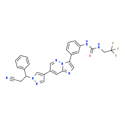 ChemSpider 2D Image | 1-(3-{7-[1-(2-Cyano-1-phenylethyl)-1H-pyrazol-4-yl]imidazo[1,2-b]pyridazin-3-yl}phenyl)-3-(2,2,2-trifluoroethyl)urea | C27H21F3N8O