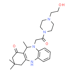 ChemSpider 2D Image | 10-{2-[4-(2-Hydroxyethyl)-1-piperazinyl]-2-oxoethyl}-3,3,11-trimethyl-2,3,4,5,10,11-hexahydro-1H-dibenzo[b,e][1,4]diazepin-1-one | C24H34N4O3