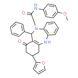 ChemSpider 2D Image | 3-(2-Furyl)-N-(4-methoxyphenyl)-1-oxo-11-phenyl-1,2,3,4,5,11-hexahydro-10H-dibenzo[b,e][1,4]diazepine-10-carboxamide | C31H27N3O4