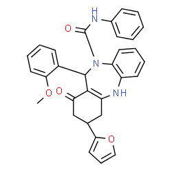 ChemSpider 2D Image | 3-(2-Furyl)-11-(2-methoxyphenyl)-1-oxo-N-phenyl-1,2,3,4,5,11-hexahydro-10H-dibenzo[b,e][1,4]diazepine-10-carboxamide | C31H27N3O4