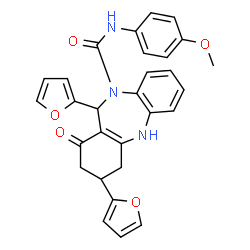 ChemSpider 2D Image | 3,11-Di(2-furyl)-N-(4-methoxyphenyl)-1-oxo-1,2,3,4,5,11-hexahydro-10H-dibenzo[b,e][1,4]diazepine-10-carboxamide | C29H25N3O5