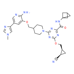 ChemSpider 2D Image | 4-[4-({[2-Amino-5-(1-methyl-1H-imidazol-4-yl)-3-pyridinyl]oxy}methyl)-1-piperidinyl]-N-(bicyclo[1.1.1]pent-1-yl)-6-{[(1S,2R)-2-cyanocyclopropyl]methoxy}-1,3,5-triazine-2-carboxamide | C29H34N10O3