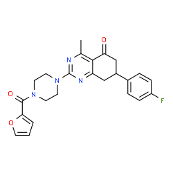 ChemSpider 2D Image | 7-(4-Fluorophenyl)-2-[4-(2-furoyl)-1-piperazinyl]-4-methyl-7,8-dihydro-5(6H)-quinazolinone | C24H23FN4O3