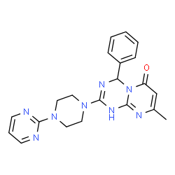 ChemSpider 2D Image | 8-methyl-4-phenyl-2-(4-(pyrimidin-2-yl)piperazin-1-yl)-1H-pyrimido[1,2-a][1,3,5]triazin-6(4H)-one | C21H22N8O