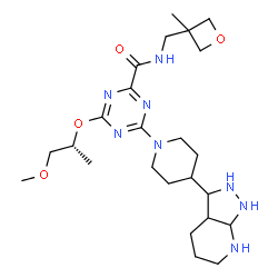 ChemSpider 2D Image | 4-{[(2R)-1-Methoxy-2-propanyl]oxy}-N-[(3-methyl-3-oxetanyl)methyl]-6-[4-(octahydro-1H-pyrazolo[3,4-b]pyridin-3-yl)-1-piperidinyl]-1,3,5-triazine-2-carboxamide | C24H40N8O4