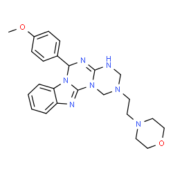 ChemSpider 2D Image | 6-(4-Methoxyphenyl)-2-[2-(4-morpholinyl)ethyl]-2,3,4,6-tetrahydro-1H-[1,3,5]triazino[1',2':3,4][1,3,5]triazino[1,2-a]benzimidazole | C24H29N7O2