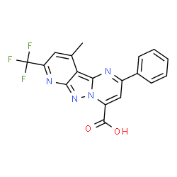 ChemSpider 2D Image | 10-Methyl-2-phenyl-8-(trifluoromethyl)pyrido[2',3':3,4]pyrazolo[1,5-a]pyrimidine-4-carboxylic acid | C18H11F3N4O2