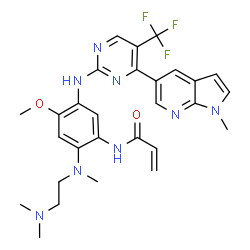 ChemSpider 2D Image | N-(2-{[2-(Dimethylamino)ethyl](methyl)amino}-4-methoxy-5-{[4-(1-methyl-1H-pyrrolo[2,3-b]pyridin-5-yl)-5-(trifluoromethyl)-2-pyrimidinyl]amino}phenyl)acrylamide | C28H31F3N8O2