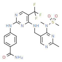 ChemSpider 2D Image | 4-({4-[({2-Methyl-4-[methyl(methylsulfonyl)amino]-5-pyrimidinyl}methyl)amino]-5-(trifluoromethyl)-2-pyrimidinyl}amino)benzamide | C20H21F3N8O3S