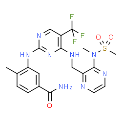ChemSpider 2D Image | 4-Methyl-3-({4-[({3-[methyl(methylsulfonyl)amino]-2-pyrazinyl}methyl)amino]-5-(trifluoromethyl)-2-pyrimidinyl}amino)benzamide | C20H21F3N8O3S