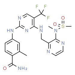 ChemSpider 2D Image | 2-Methyl-4-({4-[({3-[methyl(methylsulfonyl)amino]-2-pyrazinyl}methyl)amino]-5-(trifluoromethyl)-2-pyrimidinyl}amino)benzamide | C20H21F3N8O3S
