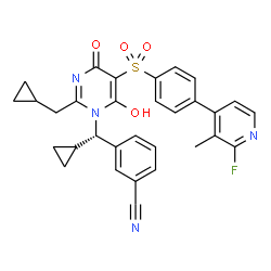 ChemSpider 2D Image | 3-{(S)-Cyclopropyl[2-(cyclopropylmethyl)-5-{[4-(2-fluoro-3-methyl-4-pyridinyl)phenyl]sulfonyl}-6-hydroxy-4-oxo-1(4H)-pyrimidinyl]methyl}benzonitrile | C31H27FN4O4S