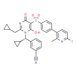 ChemSpider 2D Image | 3-{(S)-Cyclopropyl[2-(cyclopropylmethyl)-5-{[4-(6-fluoro-2-methyl-3-pyridinyl)phenyl]sulfonyl}-6-hydroxy-4-oxo-1(4H)-pyrimidinyl]methyl}benzonitrile | C31H27FN4O4S