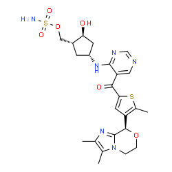 ChemSpider 2D Image | [(1R,2S,4R)-4-{[5-({4-[(8R)-2,3-Dimethyl-5,6-dihydro-8H-imidazo[2,1-c][1,4]oxazin-8-yl]-5-methyl-2-thienyl}carbonyl)-4-pyrimidinyl]amino}-2-hydroxycyclopentyl]methyl sulfamate | C24H30N6O6S2