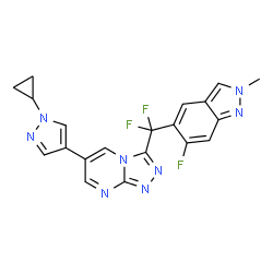 ChemSpider 2D Image | 6-(1-Cyclopropyl-1H-pyrazol-4-yl)-3-[difluoro(6-fluoro-2-methyl-2H-indazol-5-yl)methyl][1,2,4]triazolo[4,3-a]pyrimidine | C20H15F3N8