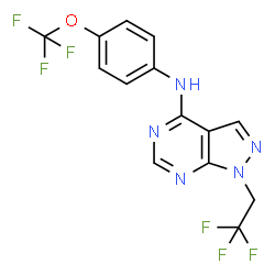 ChemSpider 2D Image | 1-(2,2,2-Trifluoroethyl)-N-[4-(trifluoromethoxy)phenyl]-1H-pyrazolo[3,4-d]pyrimidin-4-amine | C14H9F6N5O