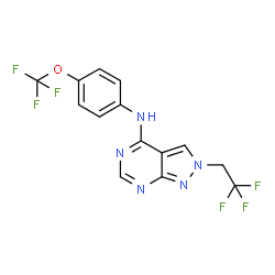 ChemSpider 2D Image | 2-(2,2,2-Trifluoroethyl)-N-[4-(trifluoromethoxy)phenyl]-2H-pyrazolo[3,4-d]pyrimidin-4-amine | C14H9F6N5O