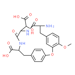 ChemSpider 2D Image | 9-Amino-12-[carboxy(hydroxy)methyl]-4-methoxy-10,13-dioxo-2-oxa-11,14-diazatricyclo[15.2.2.1~3,7~]docosa-1(19),3(22),4,6,17,20-hexaene-15-carboxylic acid | C23H25N3O9