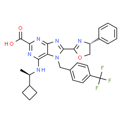 ChemSpider 2D Image | 6-{[(1R)-1-Cyclobutylethyl]amino}-8-[(4R)-4-phenyl-4,5-dihydro-1,3-oxazol-2-yl]-7-[4-(trifluoromethyl)benzyl]-7H-purine-2-carboxylic acid | C29H27F3N6O3