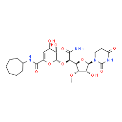 ChemSpider 2D Image | (2R,3S,4S)-2-{(1R)-2-Amino-1-[(2S,3S,4R,5R)-5-(2,4-dioxotetrahydro-1(2H)-pyrimidinyl)-4-hydroxy-3-methoxytetrahydro-2-furanyl]-2-oxoethoxy}-N-cycloheptyl-3,4-dihydroxy-3,4-dihydro-2H-pyran-6-carboxami
de (non-preferred name) | C24H36N4O11