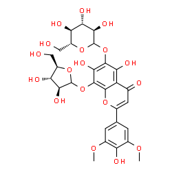 ChemSpider 2D Image | 8-(D-Arabinofuranosyloxy)-5,7-dihydroxy-2-(4-hydroxy-3,5-dimethoxyphenyl)-4-oxo-4H-chromen-6-yl D-glucopyranoside | C28H32O18