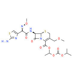 ChemSpider 2D Image | 1-[(Isopropoxycarbonyl)oxy]ethyl (6S,7R)-7-{[(2Z)-2-(2-amino-1,3-thiazol-4-yl)-2-(methoxyimino)acetyl]amino}-3-(methoxymethyl)-8-oxo-5-thia-1-azabicyclo[4.2.0]oct-2-ene-2-carboxylate | C21H27N5O9S2