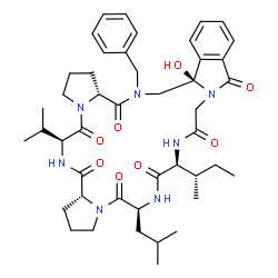 ChemSpider 2D Image | (6S,8aR,14S,17S,26bR,29aR)-28-Benzyl-17-[(2S)-2-butanyl]-26b-hydroxy-14-isobutyl-6-isopropyl-2,3,6,7,8a,9,10,11,14,15,17,18,27,28-tetradecahydro-1H-dipyrrolo[2',1':12,13;2'',1'':6,7][1,4,7,10,13,16,19
]heptaazacyclohenicosino[2,1-a]isoindole-5,8,13,16,19,22,29(20H,26bH,29aH)-heptone | C45H61N7O8