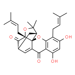 ChemSpider 2D Image | (1R,2S,13R,15R)-6,8-Dihydroxy-17,17-dimethyl-5,15-bis(3-methyl-2-buten-1-yl)-3,16-dioxapentacyclo[11.4.1.0~2,11~.0~2,15~.0~4,9~]octadeca-4,6,8,11-tetraene-10,14-dione | C28H32O6