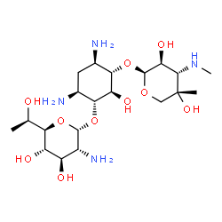 ChemSpider 2D Image | (1S,2S,3R,4S,6R)-4,6-Diamino-3-({(5R)-2-amino-2-deoxy-5-[(1R)-1-hydroxyethyl]-alpha-D-xylopyranosyl}oxy)-2-hydroxycyclohexyl 3-deoxy-4-C-methyl-3-(methylamino)-beta-D-arabinopyranoside | C20H40N4O10