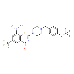 ChemSpider 2D Image | 8-Nitro-2-{4-[4-(trifluoromethoxy)benzyl]-1-piperazinyl}-6-(trifluoromethyl)-4H-1,3-benzothiazin-4-one | C21H16F6N4O4S