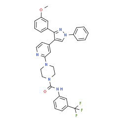 ChemSpider 2D Image | 4-{4-[3-(3-Methoxyphenyl)-1-phenyl-1H-pyrazol-4-yl]-2-pyridinyl}-N-[3-(trifluoromethyl)phenyl]-1-piperazinecarboxamide | C33H29F3N6O2