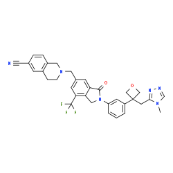 ChemSpider 2D Image | 2-{[2-(3-{3-[(4-Methyl-4H-1,2,4-triazol-3-yl)methyl]-3-oxetanyl}phenyl)-3-oxo-7-(trifluoromethyl)-2,3-dihydro-1H-isoindol-5-yl]methyl}-1,2,3,4-tetrahydro-6-isoquinolinecarbonitrile | C33H29F3N6O2