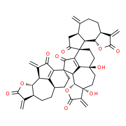 ChemSpider 2D Image | (1'S,3aS,5a'S,5a''R,6aR,7a'R,7a''S,9R,9aR,9bS,10a'R,10a''S,10b'R,10b''R)-5a',7a'-Dihydroxy-1'',3,6,8',8''-pentakis(methylene)-3a,4,5,5',5'',5a',5a'',6,6',6'',6a,7,7',7'',7a',7a'',8',8'',9a,9b,10a',10a
'',10b',10b''-tetracosahydro-2H,2'H-dispiro[azuleno[4,5-b]furan-9,3'-benzo[1,8]azuleno[4,5-b]furan-1',3''-benzo[1,8]azuleno[4,5-b]furan]-2,2',2'',8,9',9''(1''H,3H,4'H,4''H)-hexone | C45H44O11
