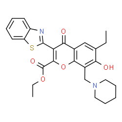 ChemSpider 2D Image | Ethyl 3-(1,3-benzothiazol-2-yl)-6-ethyl-7-hydroxy-4-oxo-8-(1-piperidinylmethyl)-4H-chromene-2-carboxylate | C27H28N2O5S