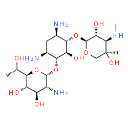 ChemSpider 2D Image | (1S,2S,3R,4S,6R)-4,6-Diamino-3-({(5R)-2-amino-2-deoxy-5-[(1S)-1-hydroxyethyl]-alpha-D-xylopyranosyl}oxy)-2-hydroxycyclohexyl 3-deoxy-4-C-methyl-3-(methylamino)-alpha-L-arabinopyranoside | C20H40N4O10