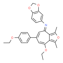 ChemSpider 2D Image | (4E)-N-(1,3-Benzodioxol-5-yl)-8-ethoxy-6-(4-ethoxyphenyl)-1,3-dimethyl-4H-cyclohepta[c]furan-4-imine | C28H27NO5