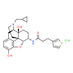 ChemSpider 2D Image | N-[(5alpha,6alpha)-17-(Cyclopropylmethyl)-3,14-dihydroxy-4,5-epoxymorphinan-6-yl]-3-(3-thienyl)propanamide hydrochloride (1:1) | C27H33ClN2O4S