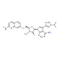 ChemSpider 2D Image | 7-{2-Deoxy-2-fluoro-5-O-[2-(methylamino)-7-quinolinyl]-beta-D-arabinofuranosyl}-5-(1-isopropyl-1H-imidazol-4-yl)-7H-pyrrolo[2,3-d]pyrimidin-4-amine | C27H29FN8O3